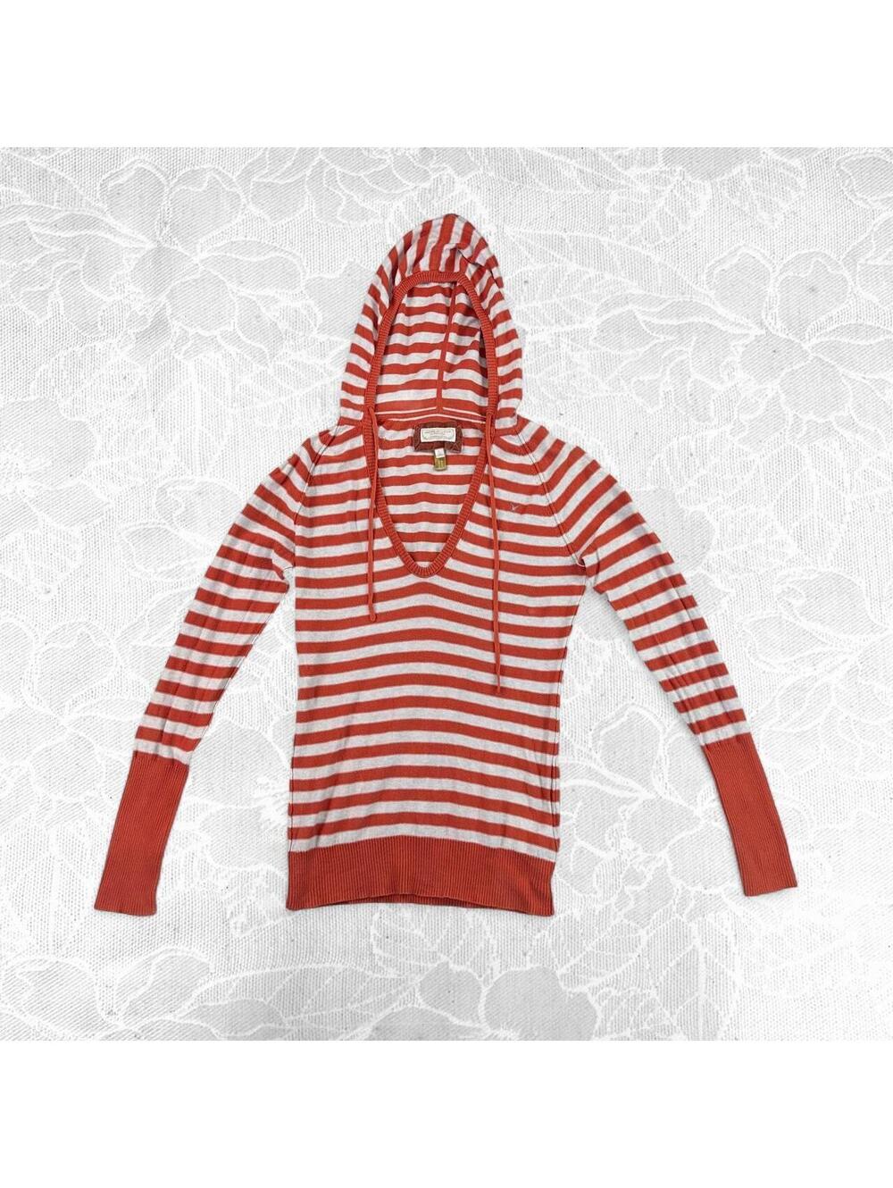 American Eagle Y2K White and Orange Striped Drawstring Hooded Sweater - L